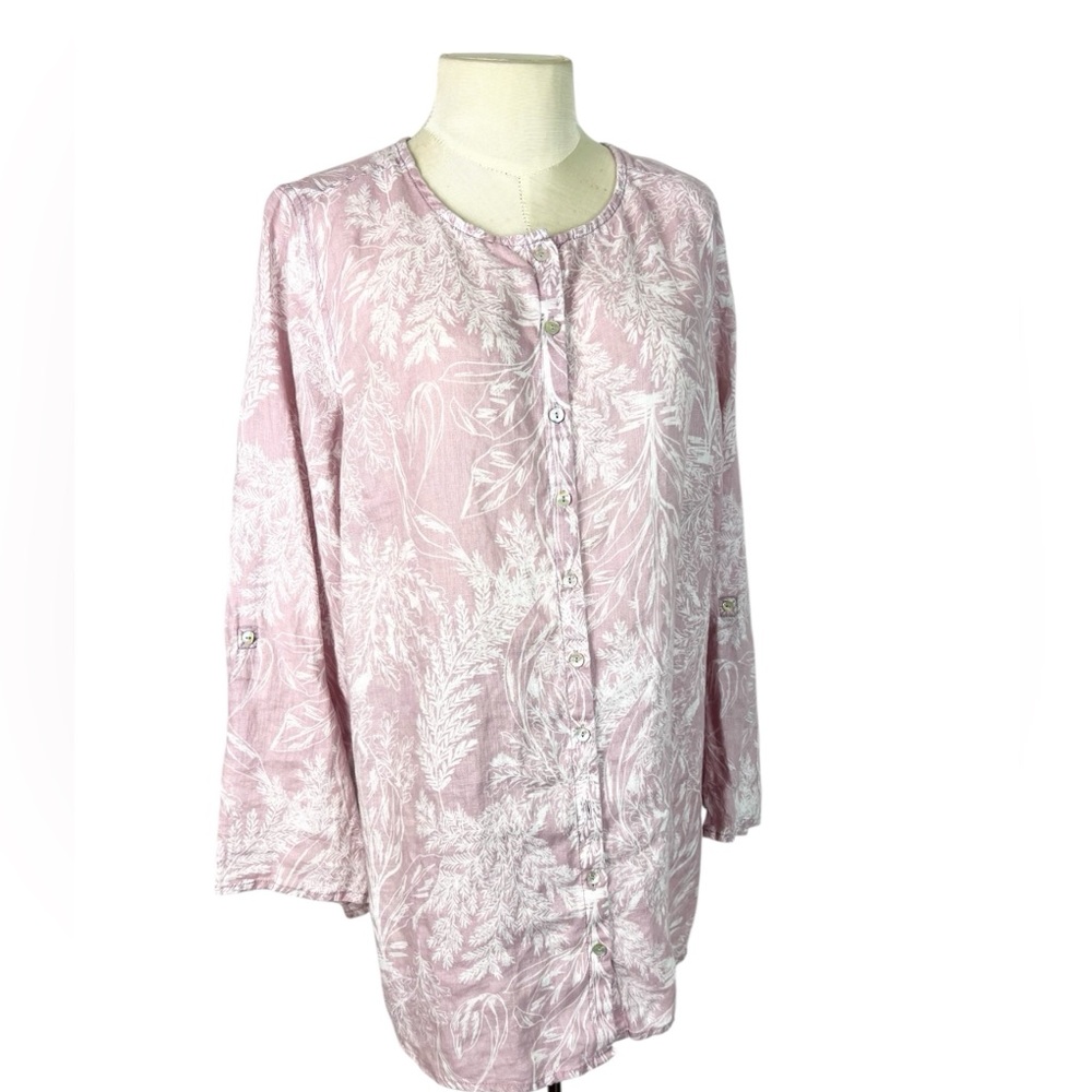 Linen top button front blouse size 1X lilac roll tab sleeves Tahari